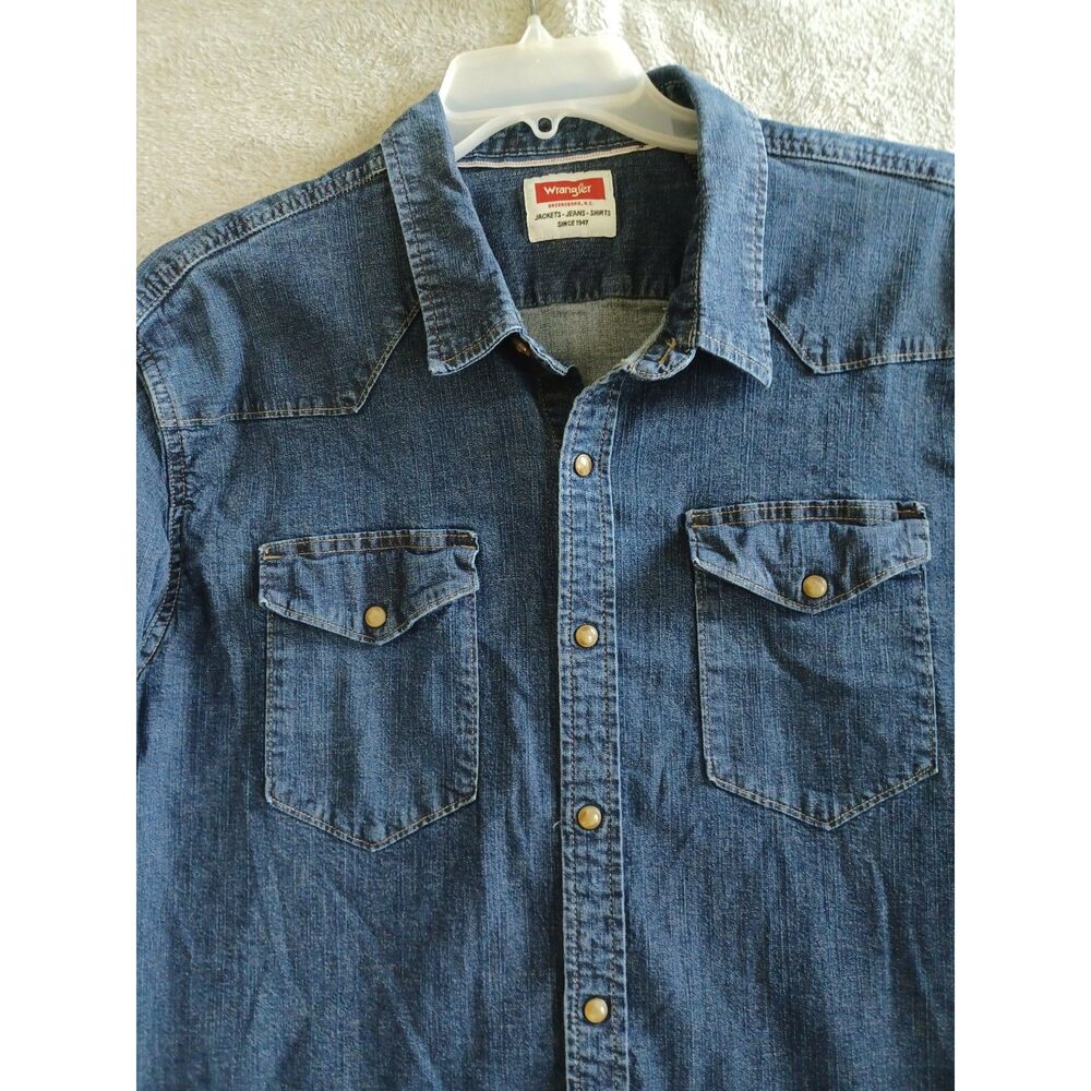 Wrangler 2XL Men Denim Western Snap Shirt Indigo Blue Long Sleeve JSD4AWB Cowboy - Picture 3 of 8